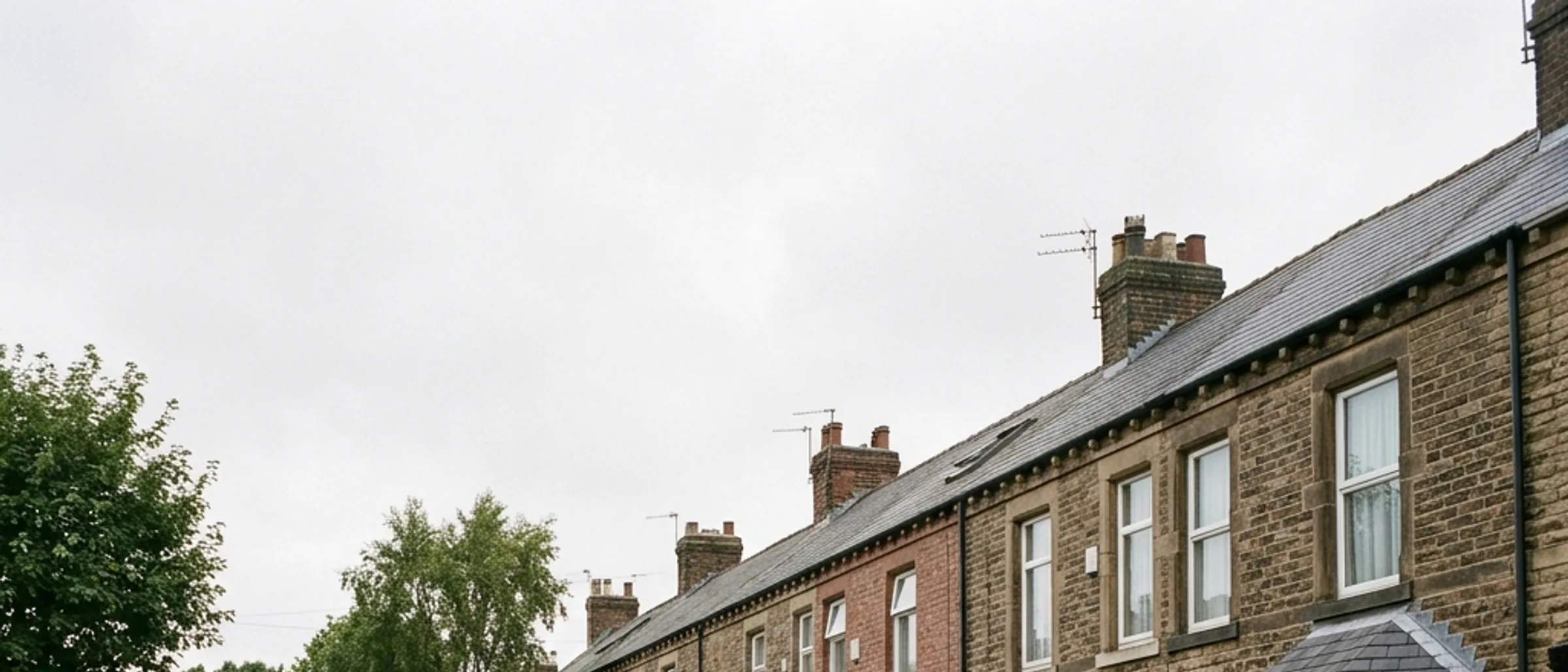 A row of ordinary terraced houses on a quiet residential street in soft daytime light.